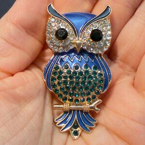 Owl Brooch Blue Enamel Rhinestone Statement Costume Pin – 2.5” Tall